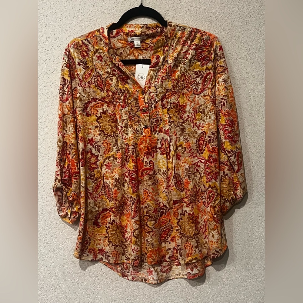 NWT | CATO BoHo Paisley Floral Blouse medium keyhole neck stud detail light